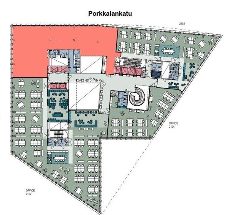 Vapaat toimistotilat 2. kerroksessa kuvassa vihreällä pohjalla